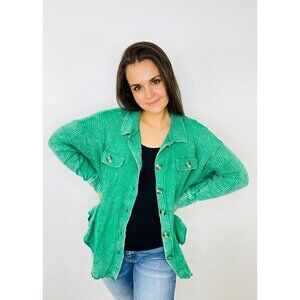 Meet You There Cotton Waffle Acid Wash Oversized Shacket in Kelly Green